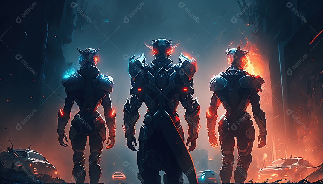 Cyberpunk, equipe de heróis lutando contra a inovação em uma cidade futurista.