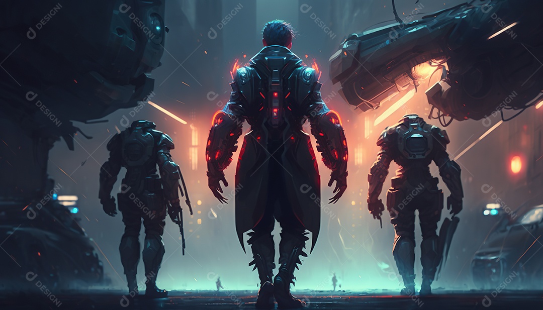 Cyberpunk, equipe de heróis lutando contra a inovação em uma cidade futurista.