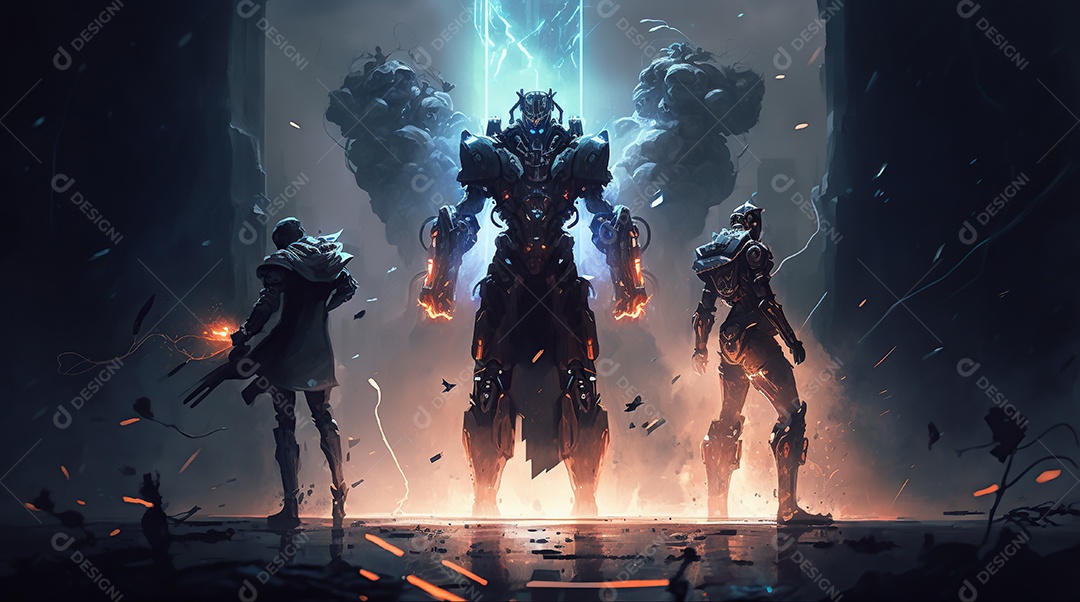 Cyberpunk, equipe de heróis lutando contra a inovação em uma cidade futurista.