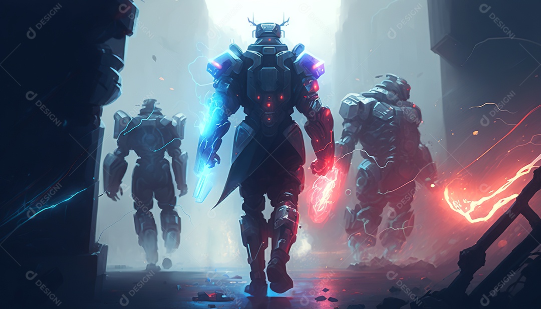 Cyberpunk, equipe de heróis lutando contra a inovação em uma cidade futurista.