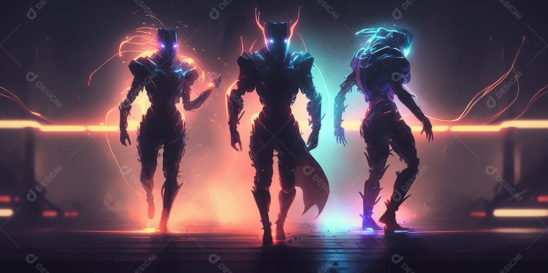 Cyberpunk, equipe de heróis lutando contra a inovação em uma cidade futurista.