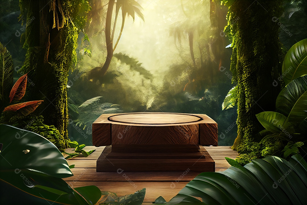 Cenário pódio em floresta verde