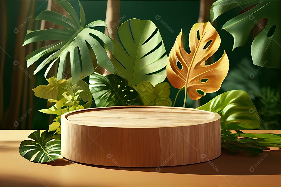 Cenário pódio madeira com folhas verdes