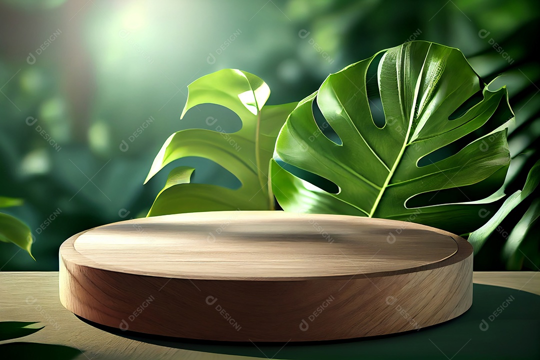 Cenário pódio madeira com folhas verdes
