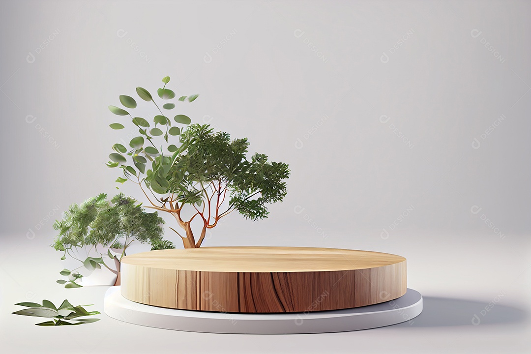 Cenário pódio madeira com pequenas árvores verdes
