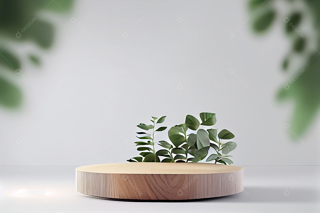 Cenário pódio madeira com folhas verdes