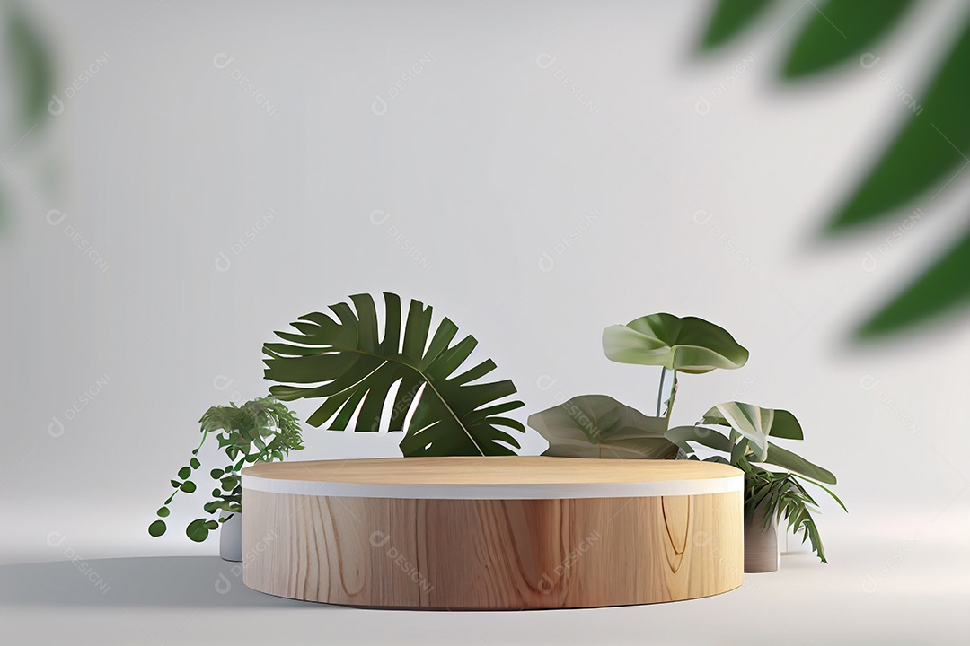 Cenário pódio madeira com folhas verdes