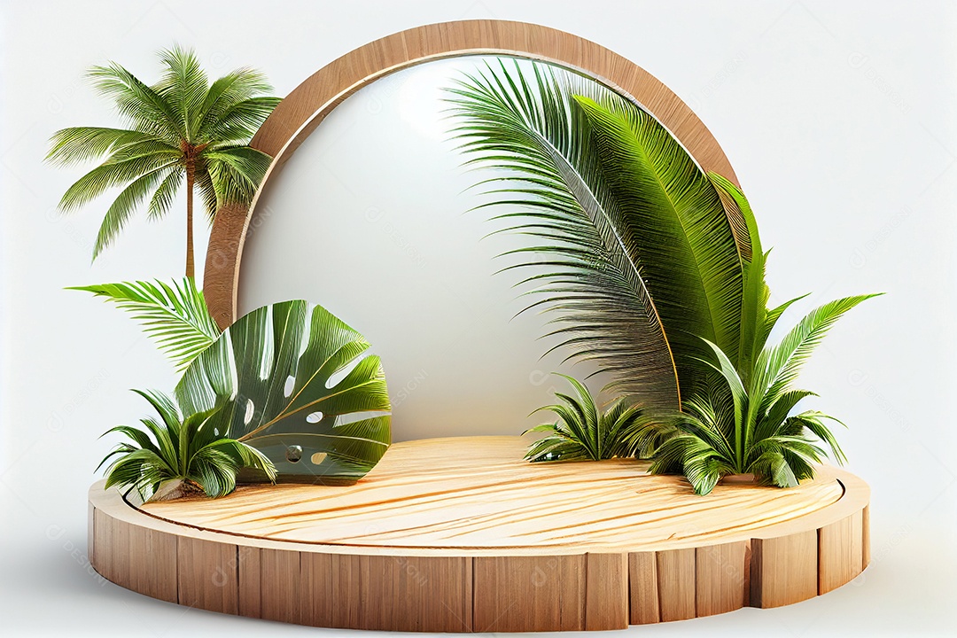 Cenário pódio madeira com folhas verdes