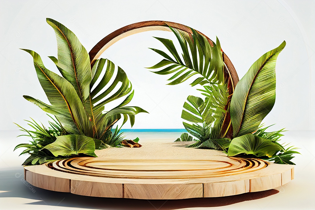 Cenário pódio madeira com folhas verdes
