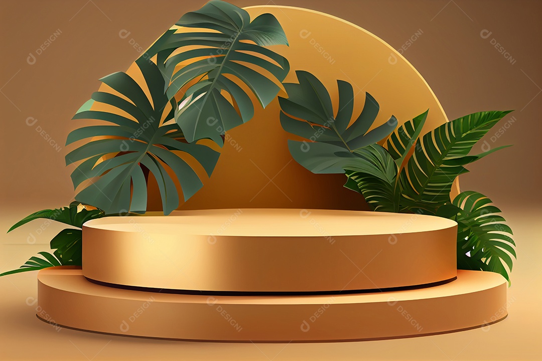Pódio dourado com folhas verdes