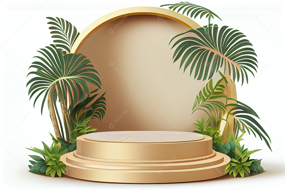 Pódio dourado com folhas verdes