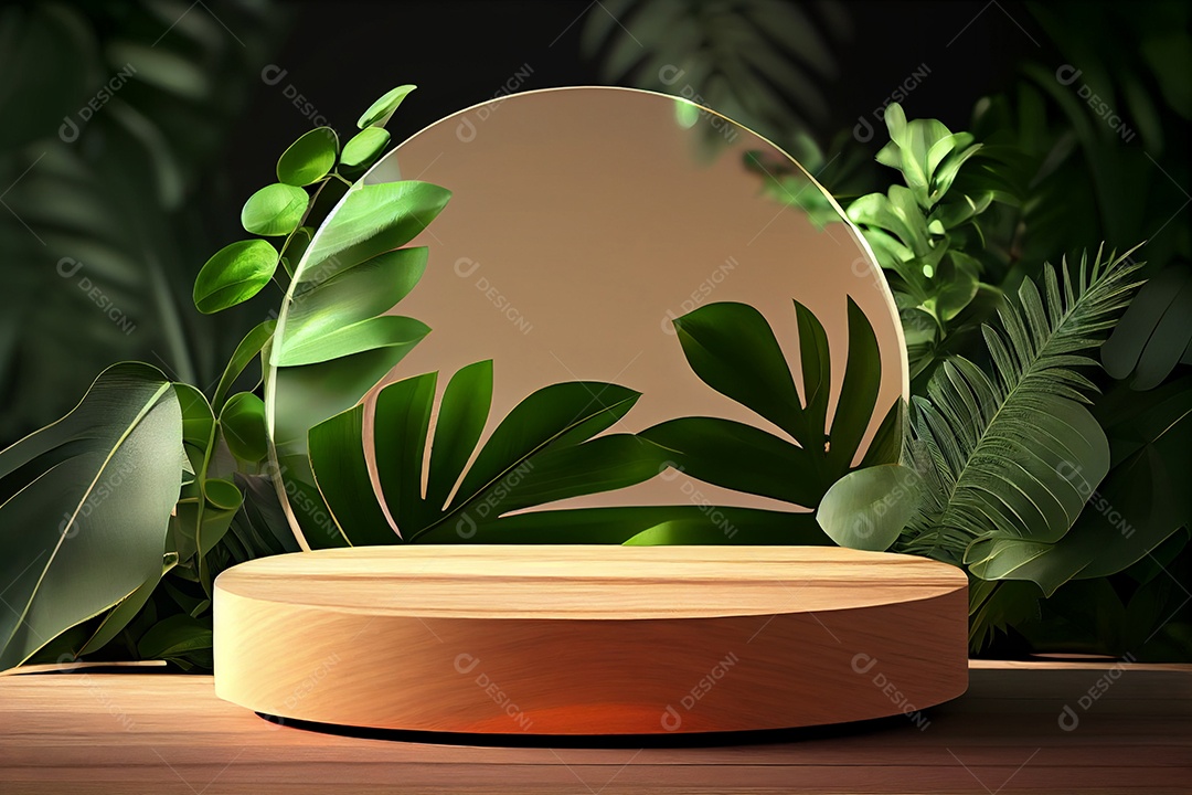 Pódio com folhas verdes