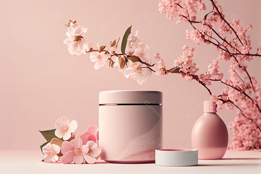 Frascos de cosméticos com flores rosas