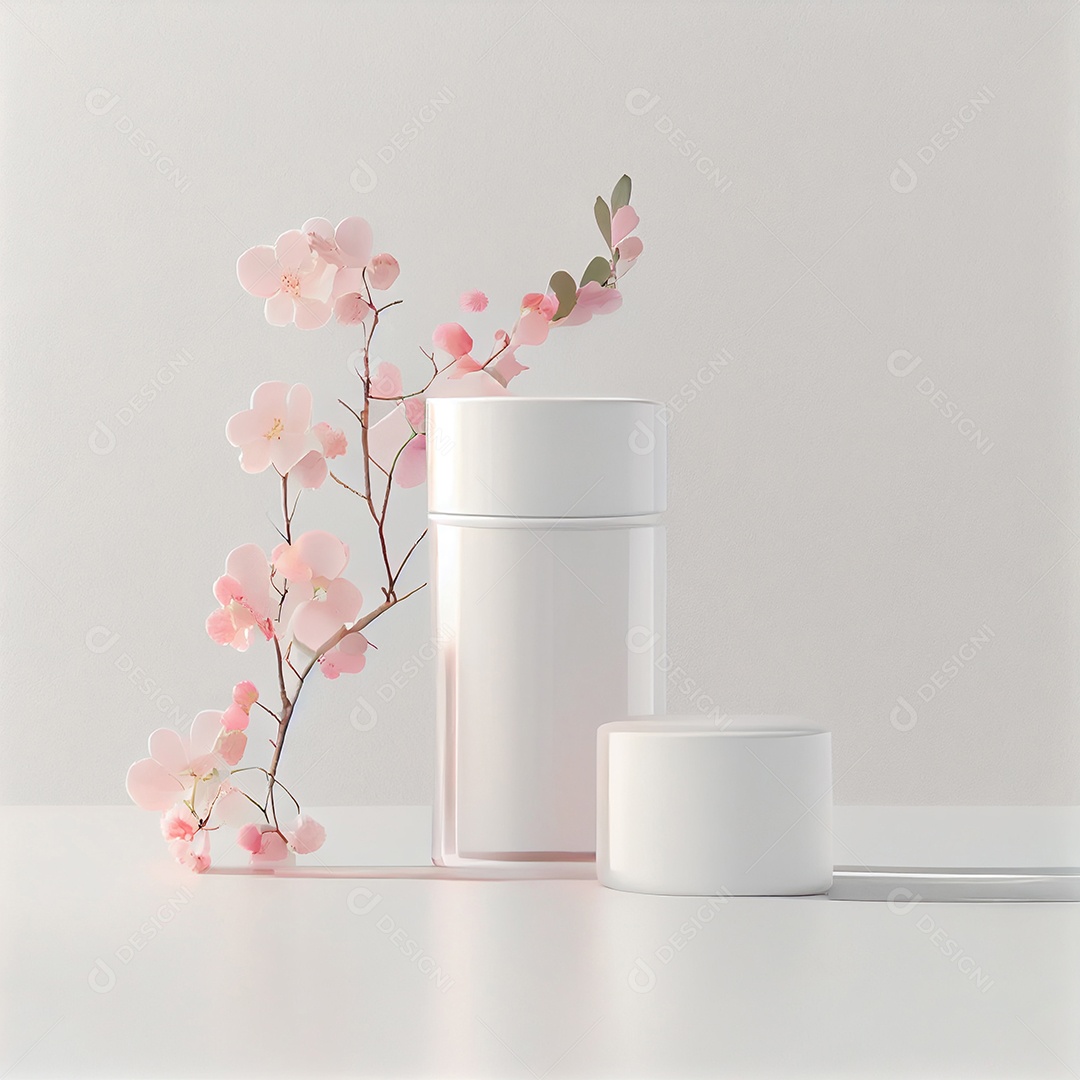 Frascos de cosméticos com flores rosas