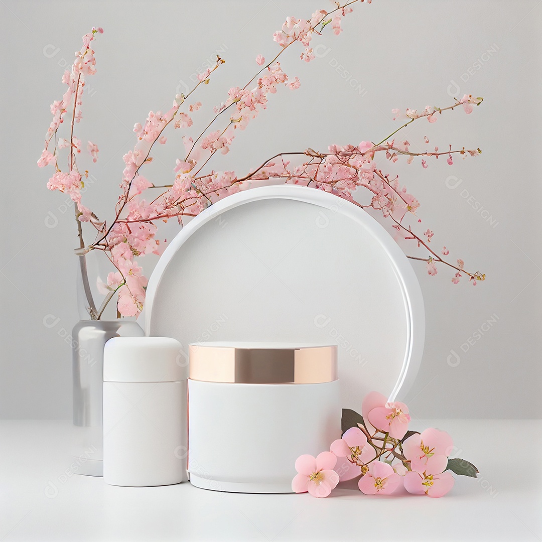 Frascos de cosméticos com flores rosas