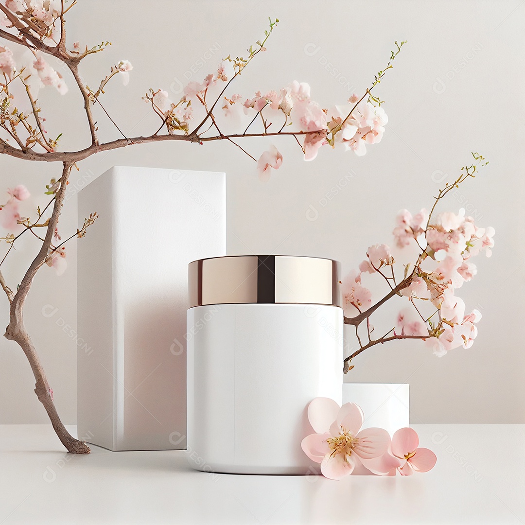 Cenário com frascos de cosméticos brancos e flores rosas