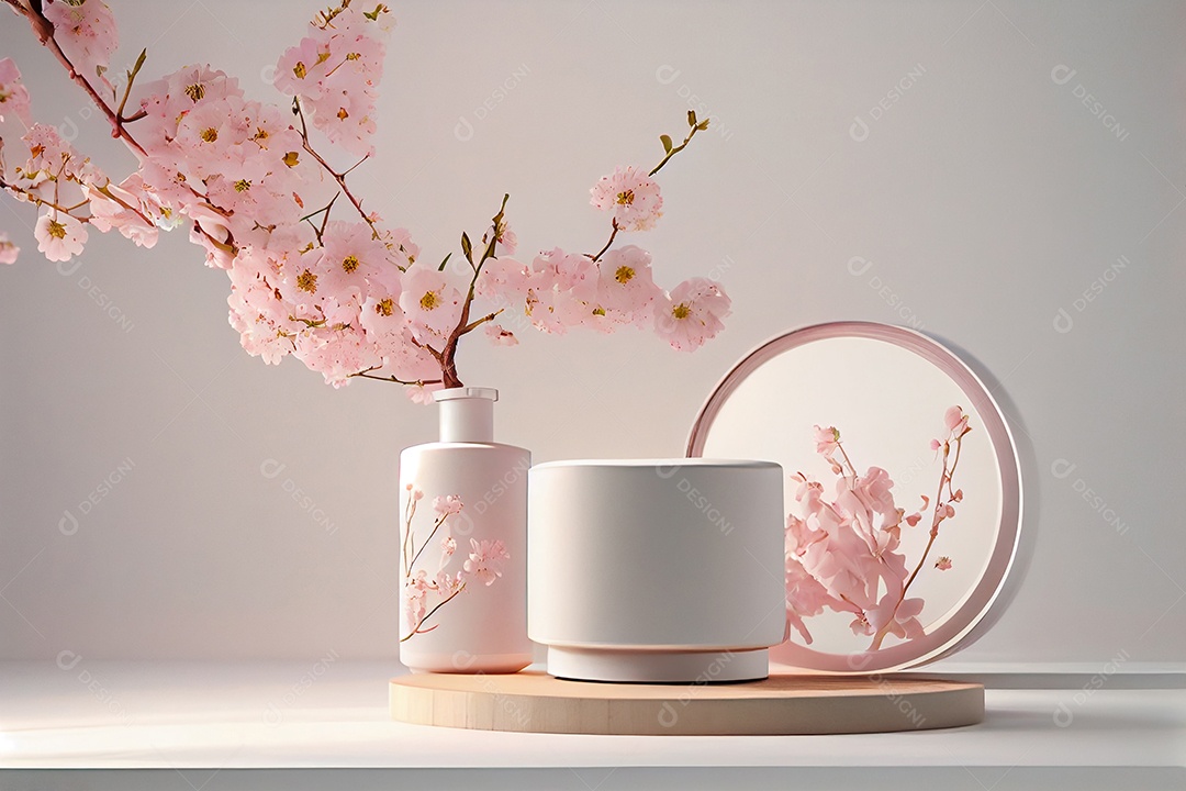 Cenário com frascos de cosméticos brancos e flores rosas