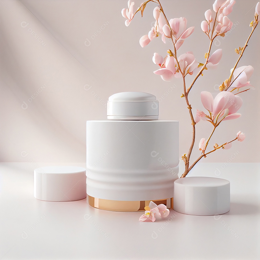 Cenário com frascos de cosméticos brancos e flores rosas