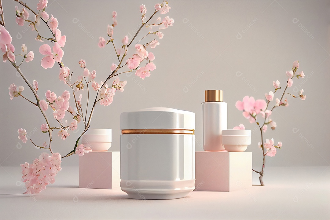 Cenário com frascos de cosméticos brancos e flores rosas