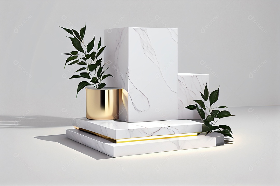 Cenário pódio mármore branco com folhas verdes