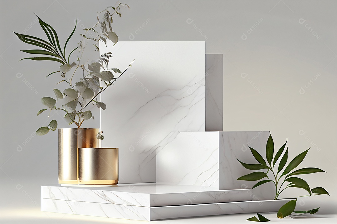 Cenário pódio mármore branco com folhas verdes