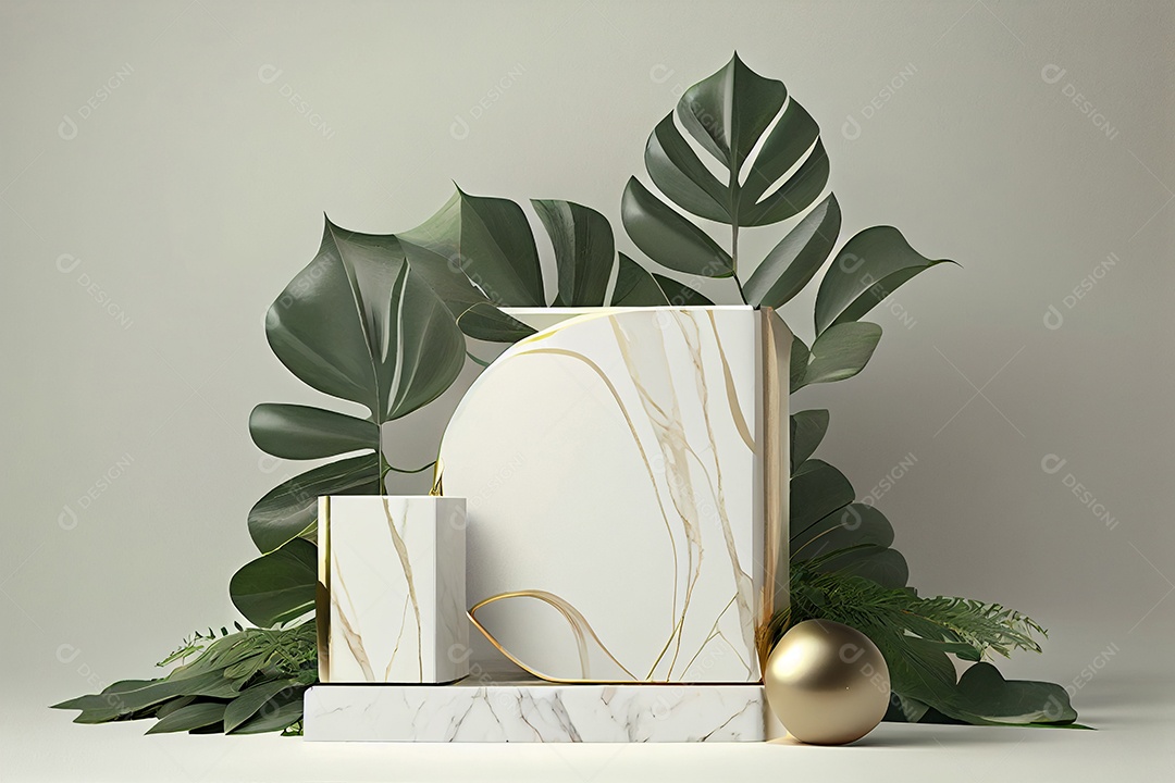 Cenário pódio mármore branco com folhas verdes