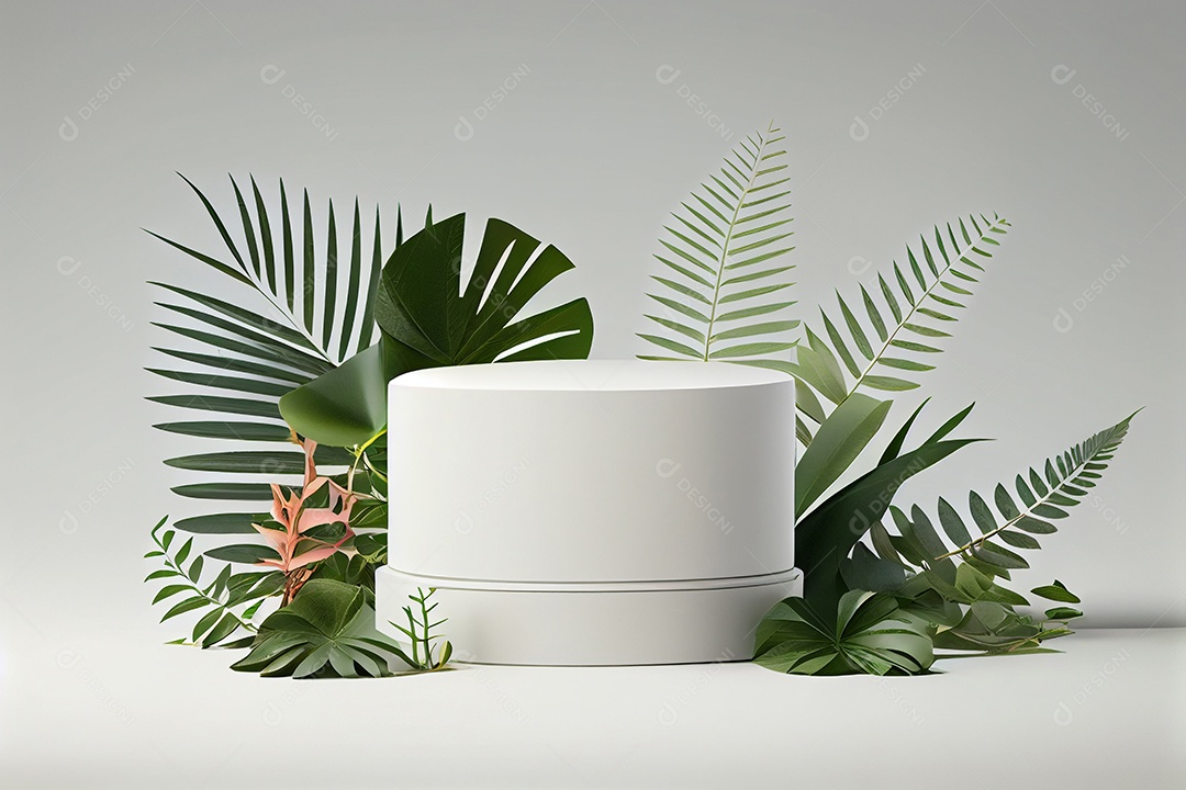 Cenário pódio branco com folhas verdes