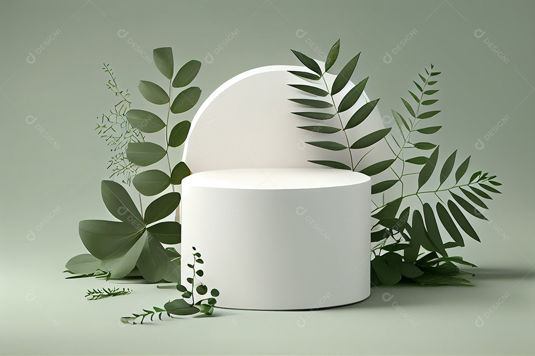 Cenário pódio branco com folhas verdes