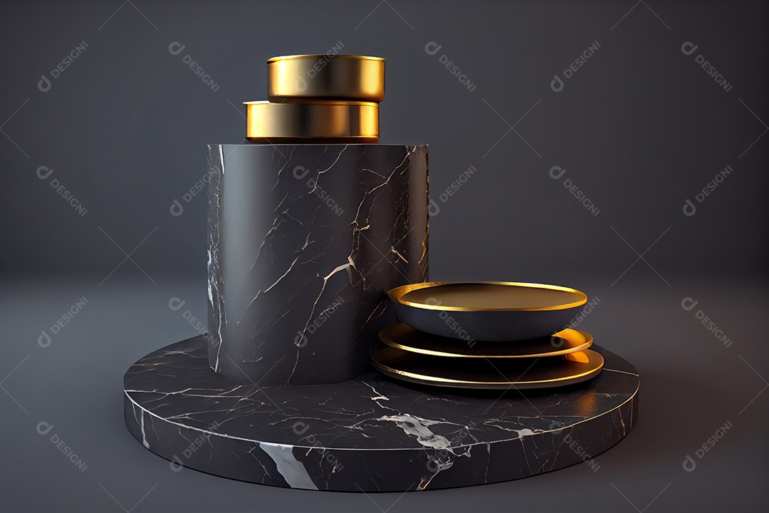 Cenário pódio mármore preto com detalhes dourado