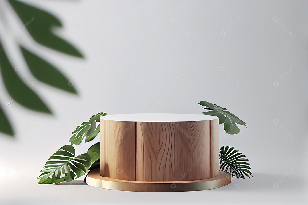 Cenário pódio madeira com folhas verdes