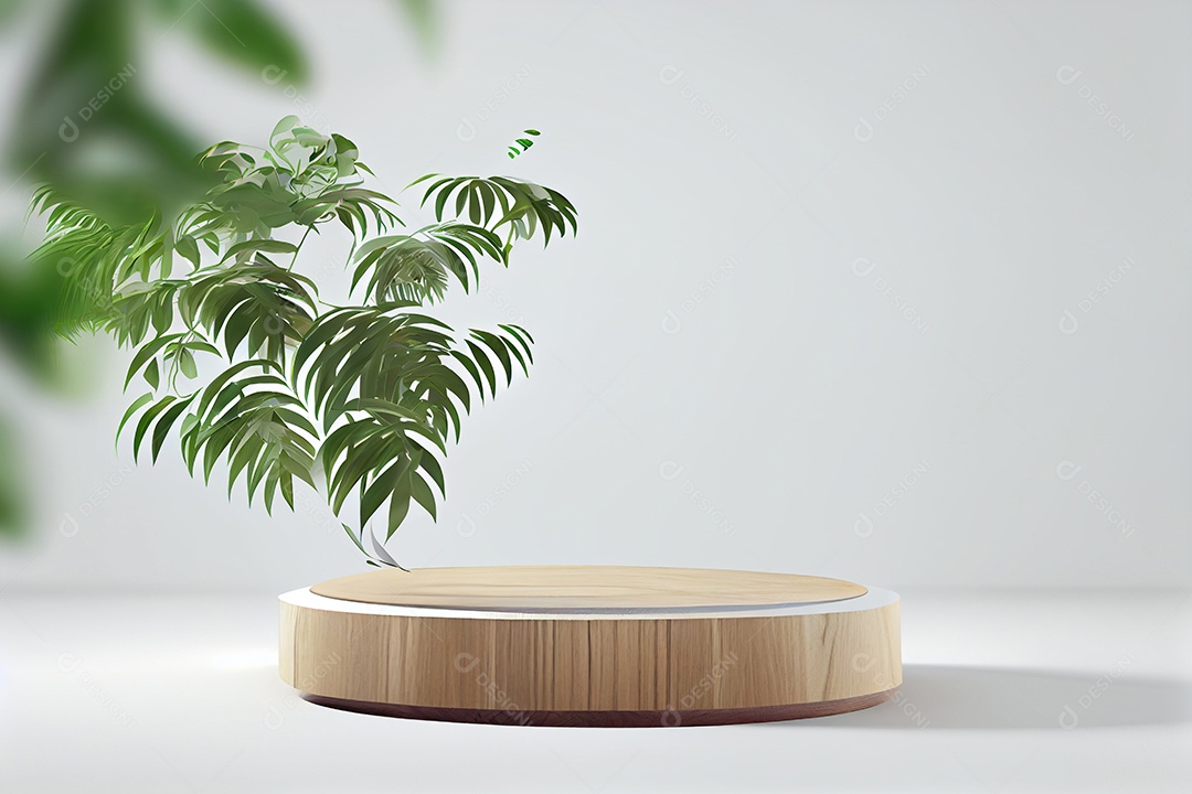 Cenário pódio madeira com folhas verdes