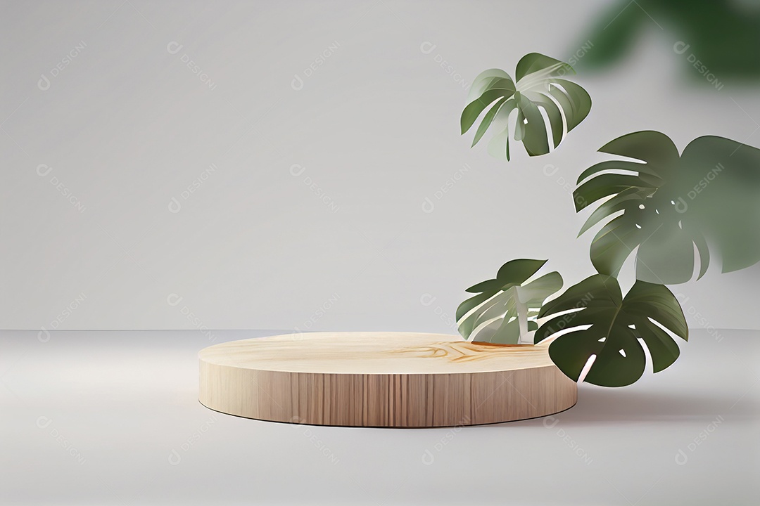 Cenário pódio madeira com folhas verdes