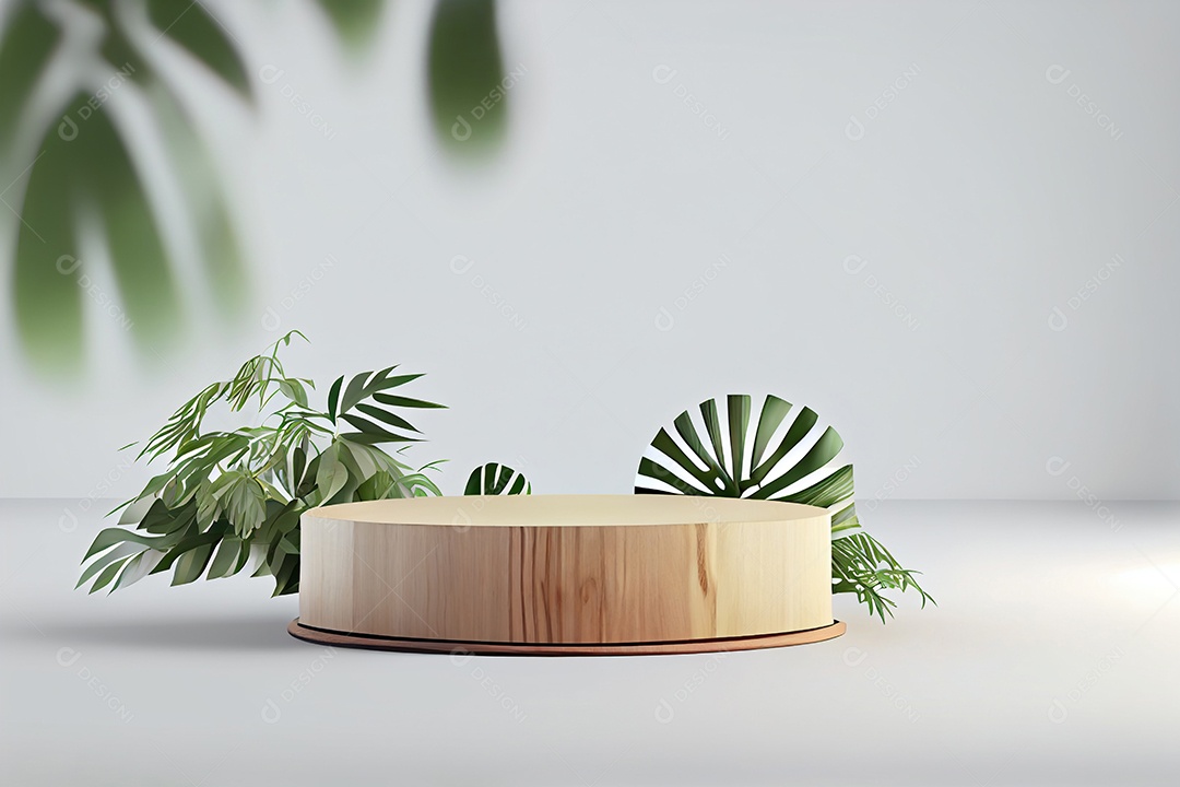 Cenário pódio madeira com folhas verdes
