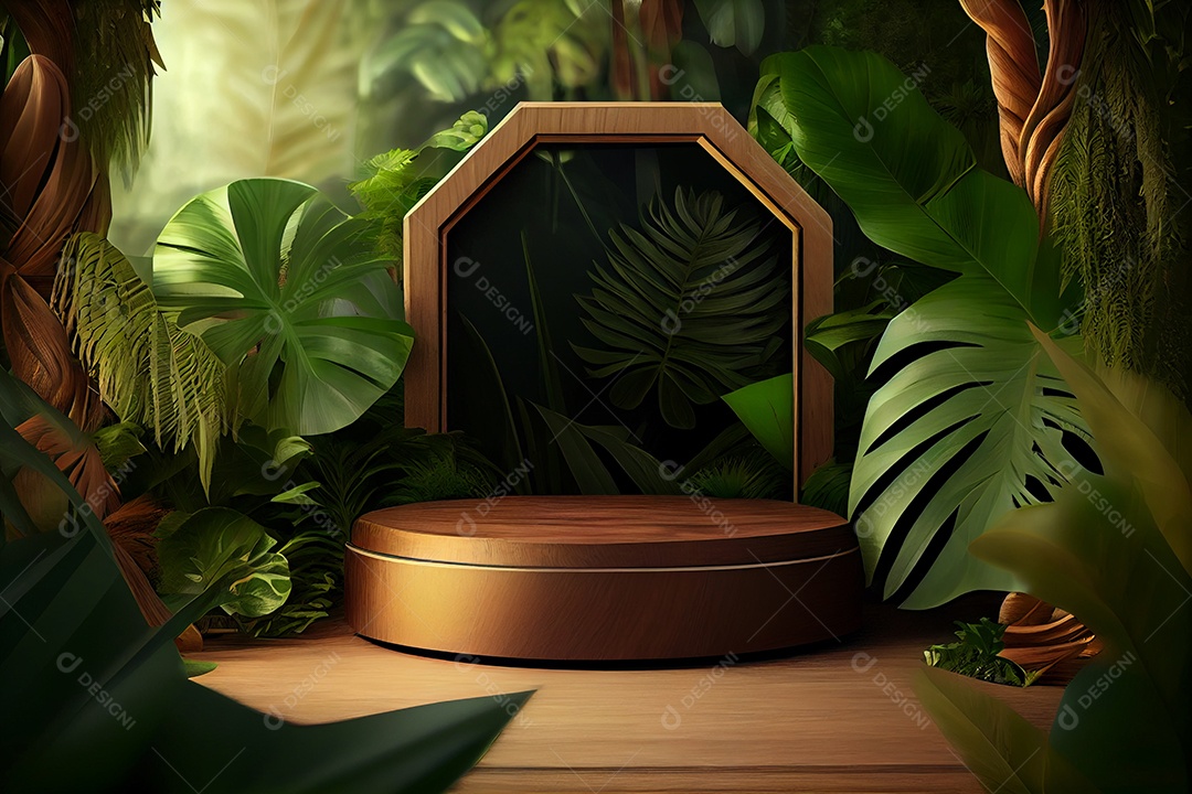 Cenário pódio com folhas verdes