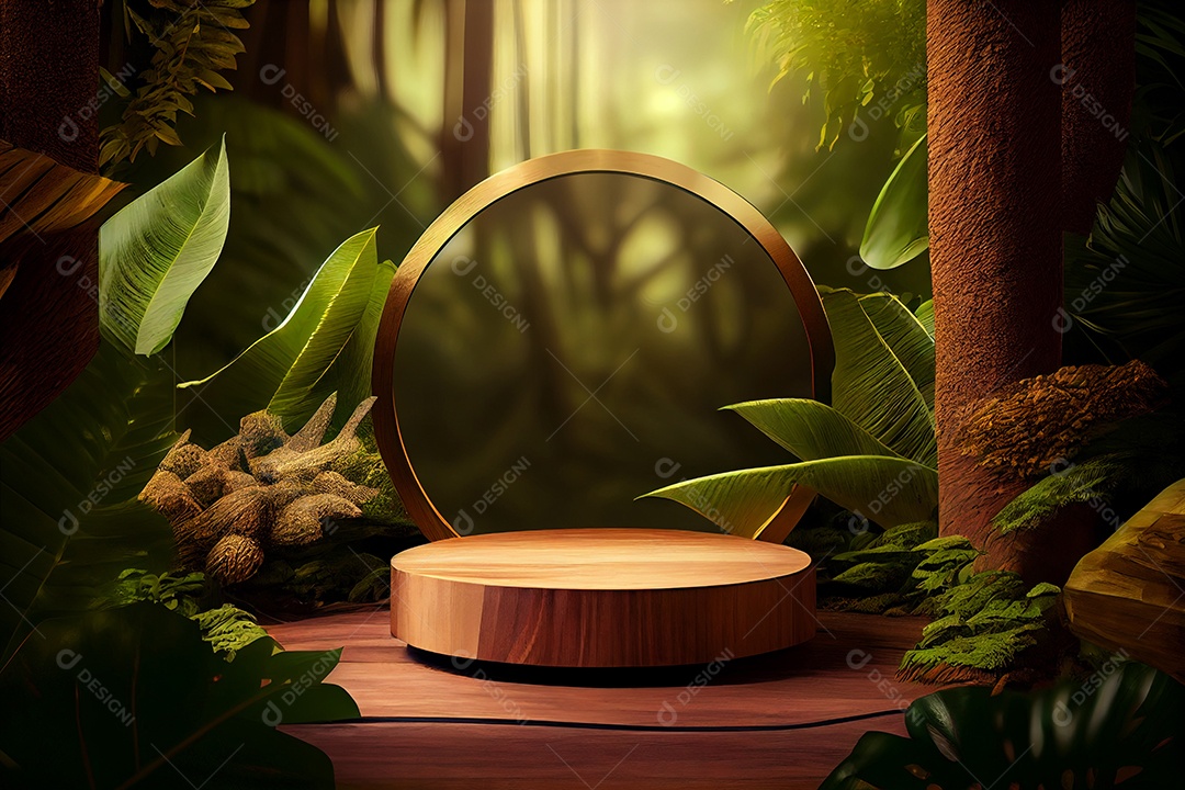 Cenário pódio com folhas verdes