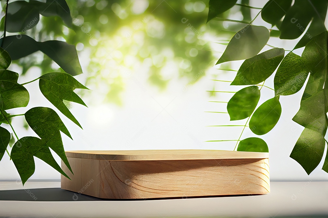 Cenário pódio com folhas verdes