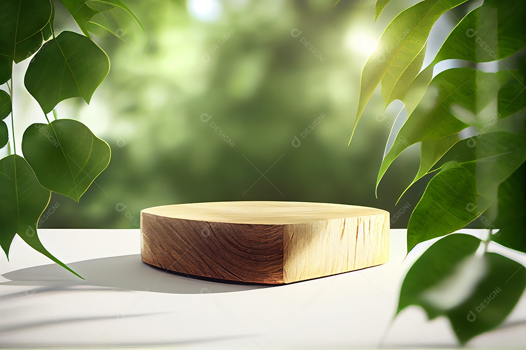 Cenário pódio com folhas verdes