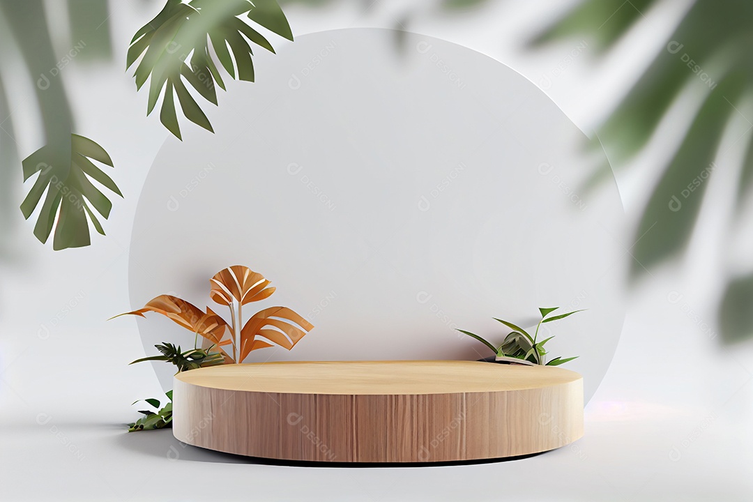 Cenário pódio branco com folhas verdes