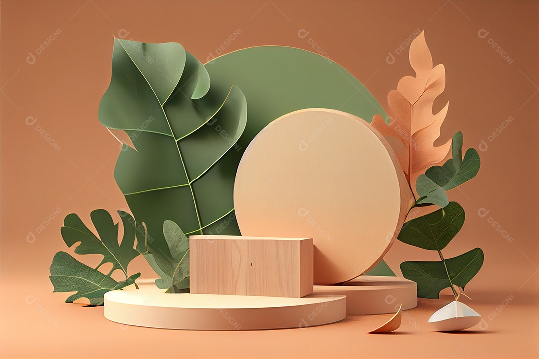 Cenário pódio colorido com folhas verdes