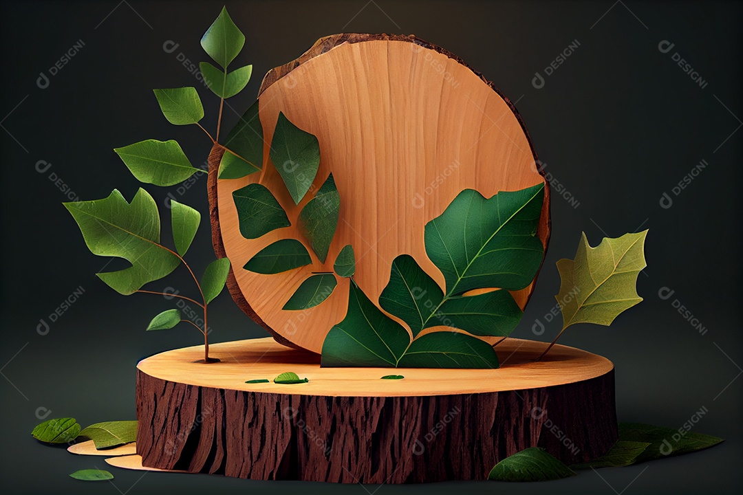Cenário com pódio de madeira com folhas verdes