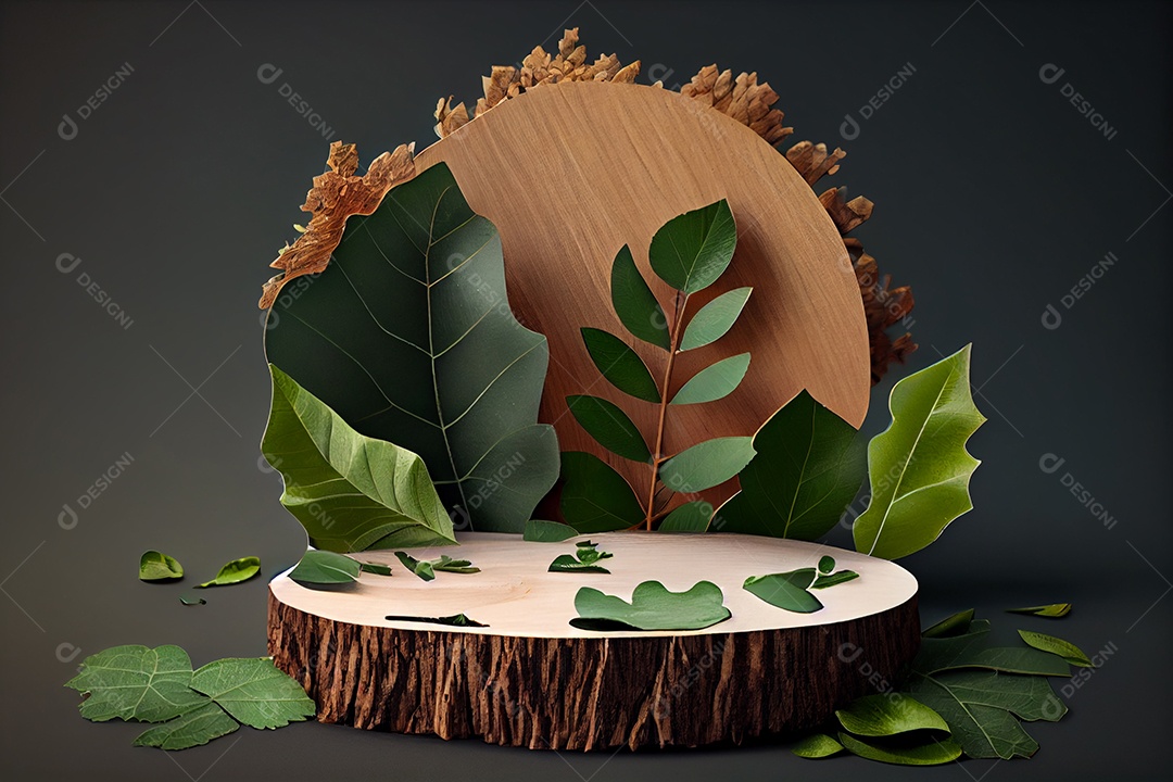 Cenário com pódio de madeira com folhas verdes