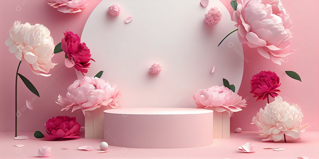 Cenário de pódio com flores rosas