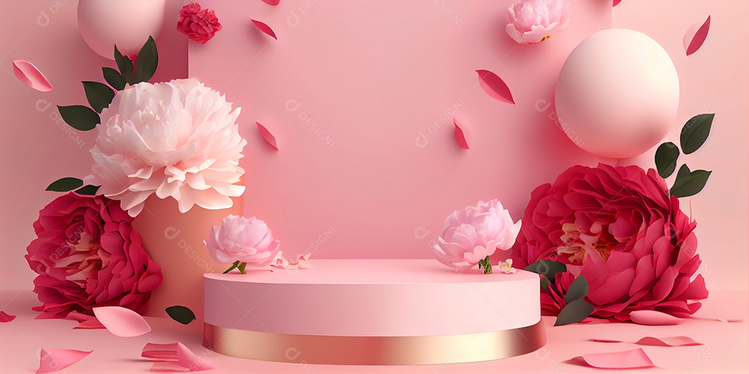 Cenário de pódio com flores rosas