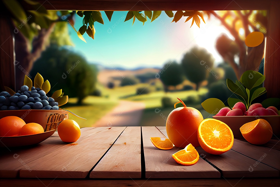 Mesa de madeiras com laranjas cortadas ao meio