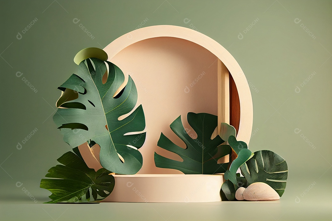 Cenário de pódio rosa com folhas verdes