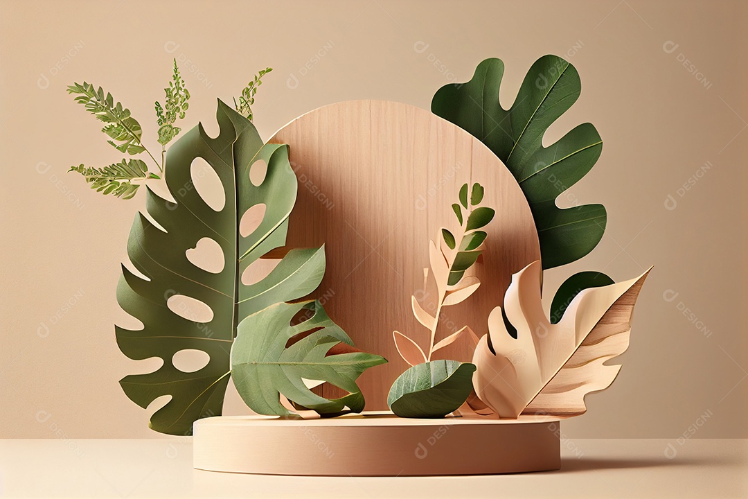 Cenário de pódio rosa com folhas verdes