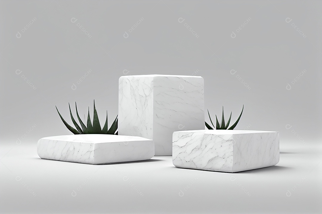 Cenário de pedras brancas com folhas verdes