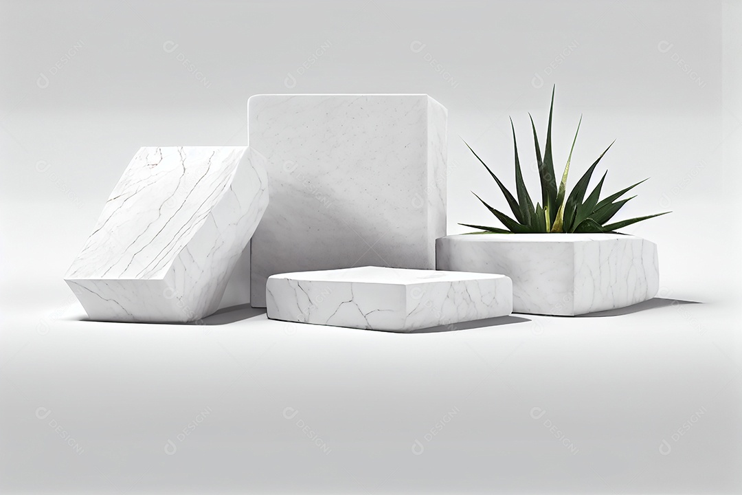 Cenário de pedras brancas com folhas verdes