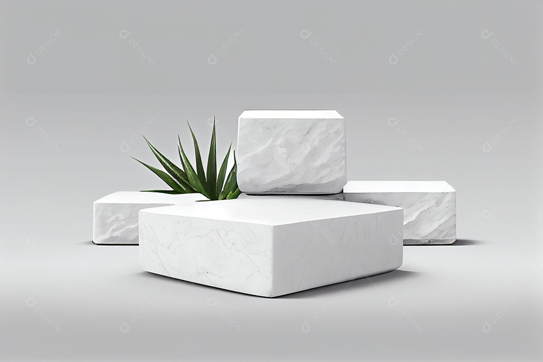 Cenário de pedras brancas com folhas verdes