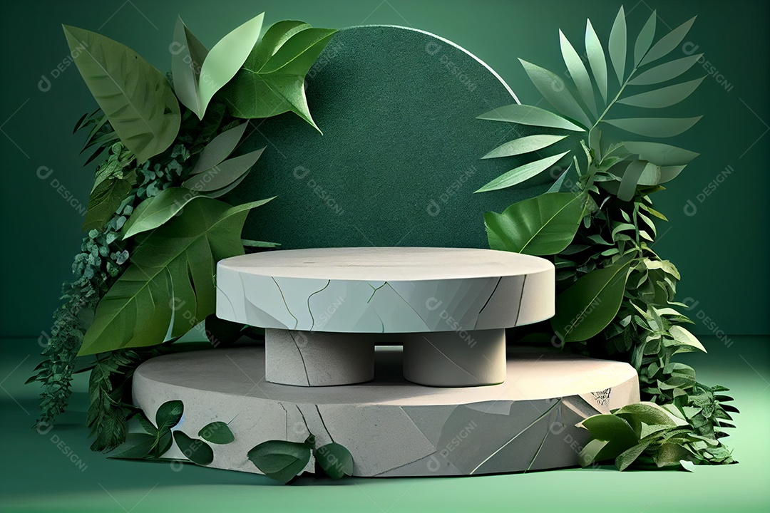 Pódio branco com folhas verdes